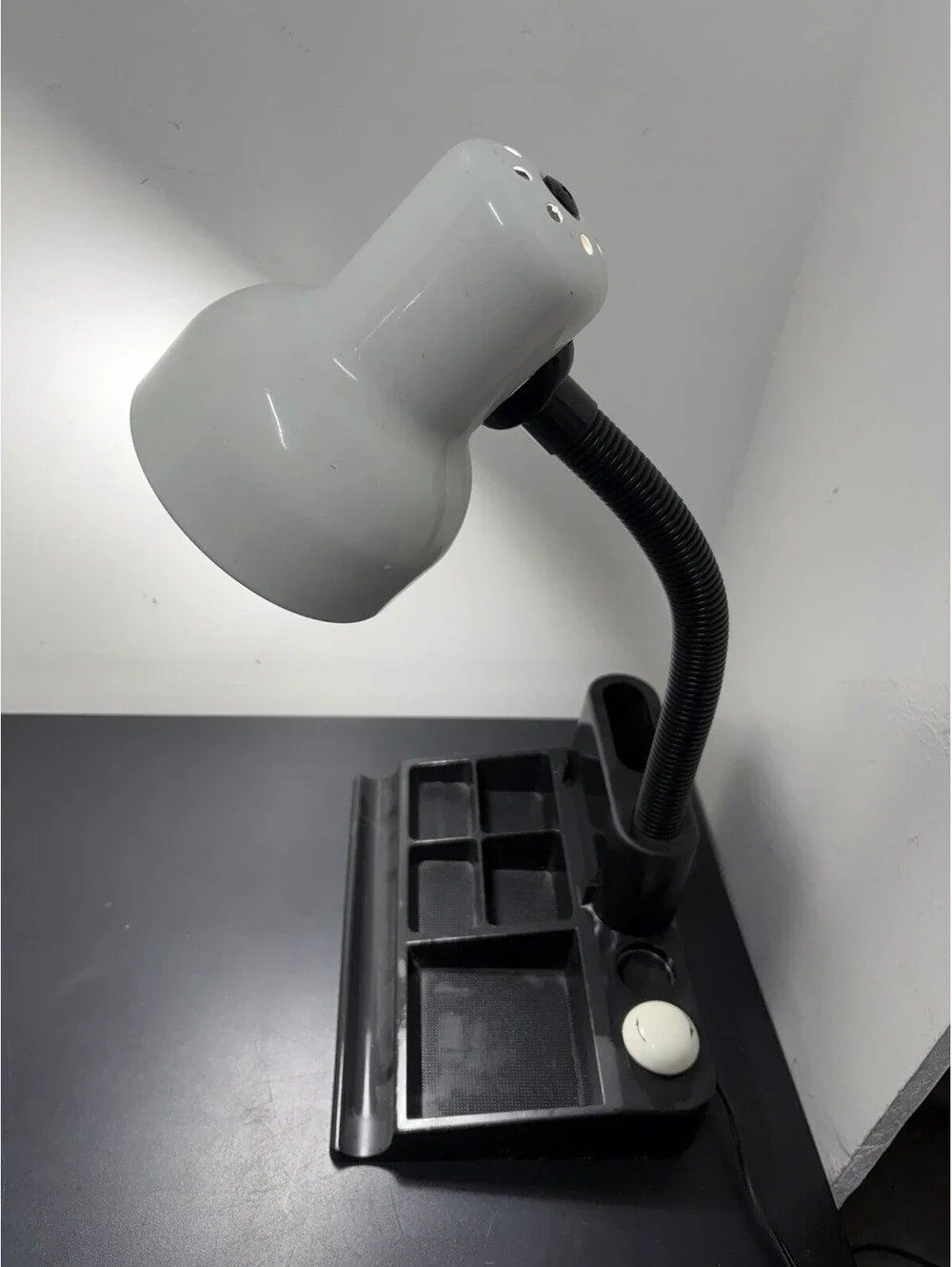 Vintage 80s White Gooseneck Office Desk Lamp With Black Plastic Organizer Base